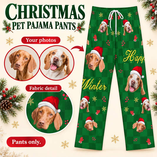 Happy Winter Christmas Pajama Pants adult pajama pants: customization example showing the source pet photo and personalized garment.