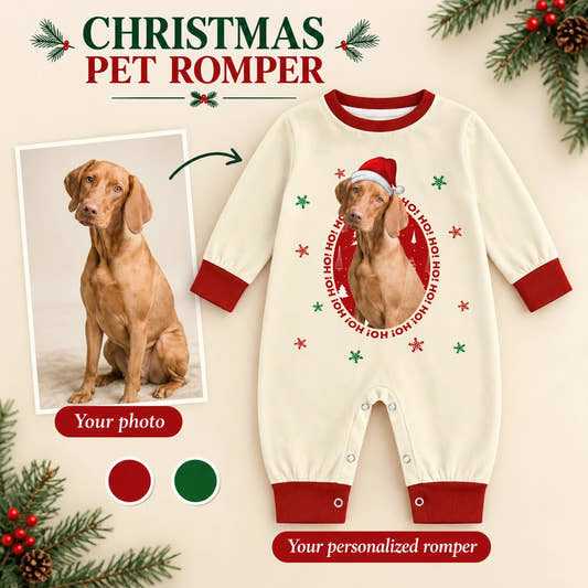 HoHo Pet Baby Onesie baby baby onesie: customization example showing the source pet photo and personalized garment.