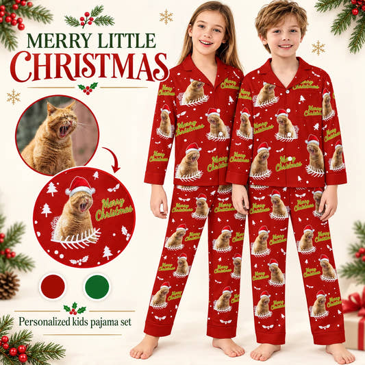 Merry Christmas Kids Christmas Pajamas children’s pajamas: customization example showing the source pet photo and personalized garment.