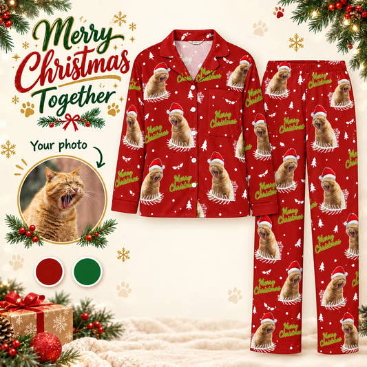 Merry Christmas Matching Pajamas adult pajamas: customization example showing the source pet photo and personalized garment.
