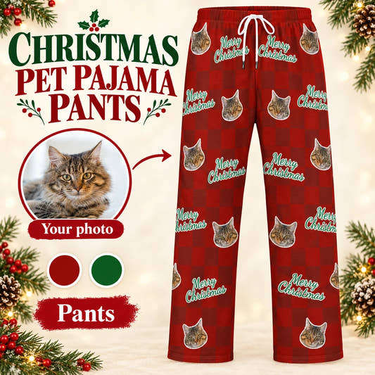 Merry Christmas Pajama Pants adult pajama pants: customization example showing the source pet photo and personalized garment.