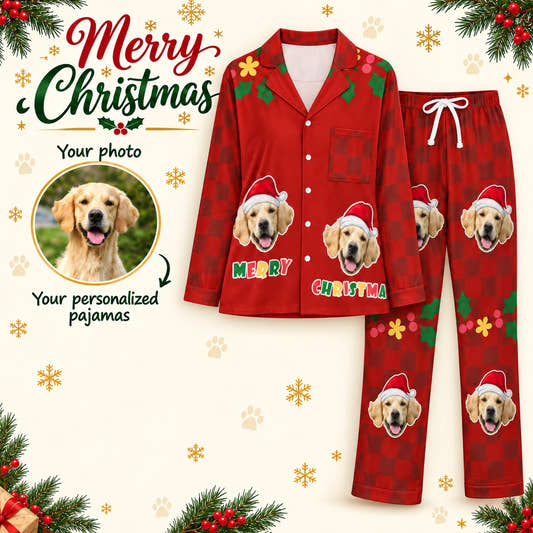 Merry Christmas Long Pajamas adult pajamas: customization example showing the source pet photo and personalized garment.