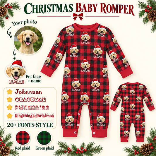 Photo and Name Baby Romper Santa Hat Red Plaid Romper baby baby romper: customization example showing the source pet photo and personalized garment.