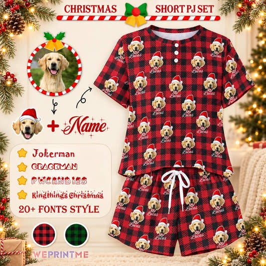 Photo and Name Pajamas Santa Red Plaid Short Pajama Set adult short pajamas: customization example showing the source pet photo and personalized garment.