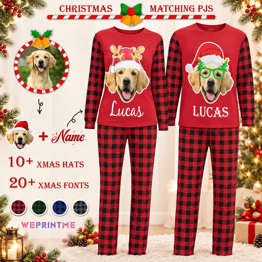 Photo and Name Plaid Christmas Matching Pajamas adult pajamas: customization example showing the source pet photo and personalized garment.