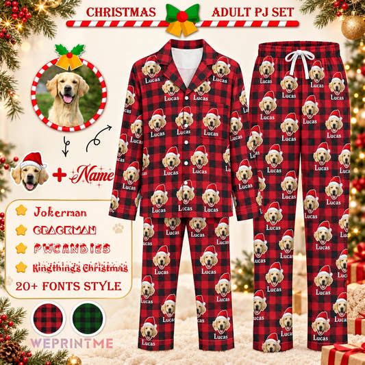 Photo and Name Santa Hat Red Plaid Matching Christmas Pajamas adult pajamas: customization example showing the source pet photo and personalized garment.