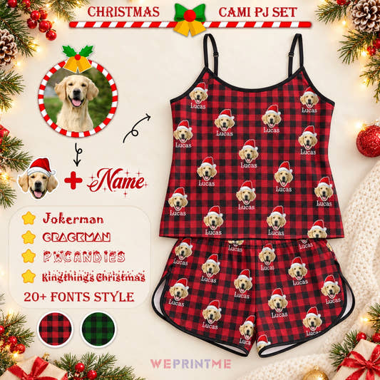 Photo and Name Santa Hat Red Plaid Cami Pajama Set adult cami pajamas: customization example showing the source pet photo and personalized garment.