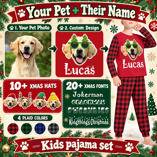 Photo and Name Santa Plaid Kids Pajamas children’s pajamas: customization example showing the source pet photo and personalized garment.