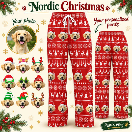 Christmas Pajama Pants adult pajama pants: customization example showing the source pet photo and personalized garment.