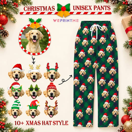 Dark Green Stripe Christmas Pajama Pants adult pajama pants: customization example showing the source pet photo and personalized garment.