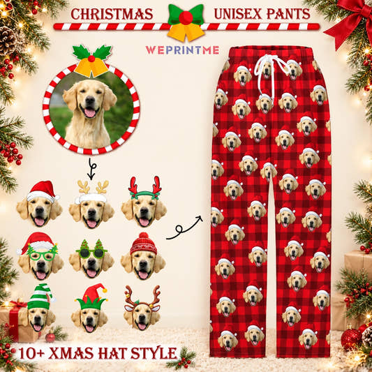 Dark Red Plaid Christmas Pajama Pants adult pajama pants: customization example showing the source pet photo and personalized garment.