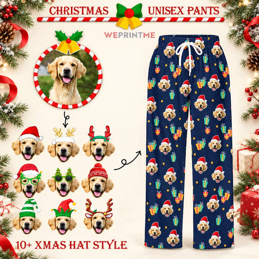 Gifts Christmas Pajama Pants adult pajama pants: customization example showing the source pet photo and personalized garment.
