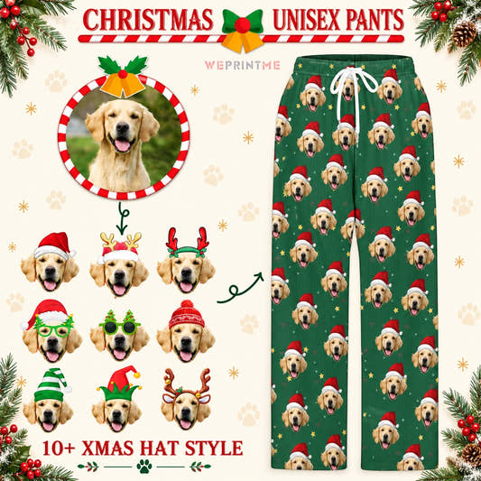 Green Star Christmas Pajama Pants adult pajama pants: customization example showing the source pet photo and personalized garment.