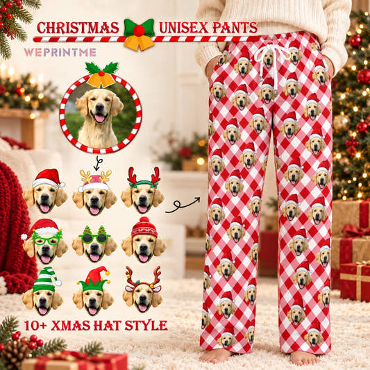 Light Red Plaid Christmas Pajama Pants adult pajama pants: customization example showing the source pet photo and personalized garment.