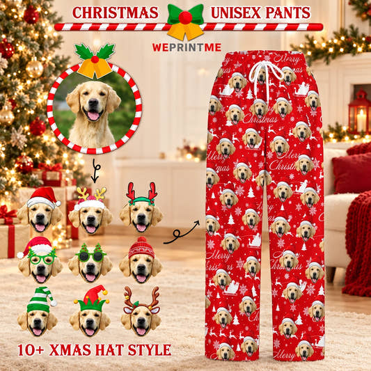 Merry Christmas Pajama Pants adult pajama pants: customization example showing the source pet photo and personalized garment.