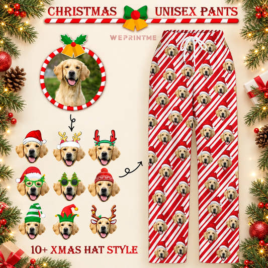 Red Stripe Christmas Pajama Pants adult pajama pants: customization example showing the source pet photo and personalized garment.