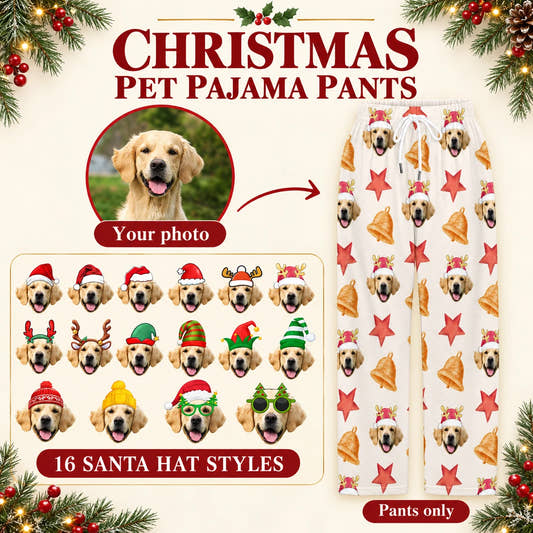 Stars Christmas Pajama Pants adult pajama pants: customization example showing the source pet photo and personalized garment.