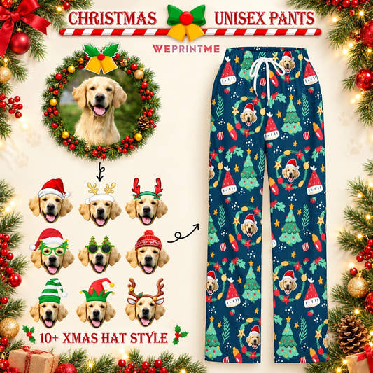 Wreath Christmas Pajama Pants adult pajama pants: customization example showing the source pet photo and personalized garment.
