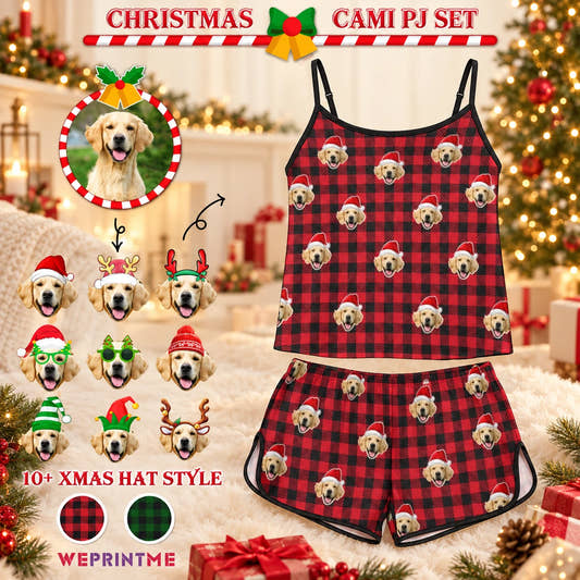 Santa Red Plaid Cami Pajama Set adult cami pajamas: customization example showing the source pet photo and personalized garment.