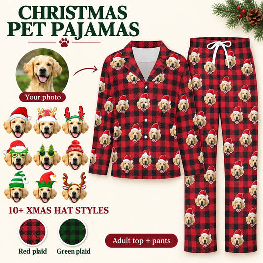 Santa Red Plaid Matching Christmas Pajamas adult pajamas: customization example showing the source pet photo and personalized garment.