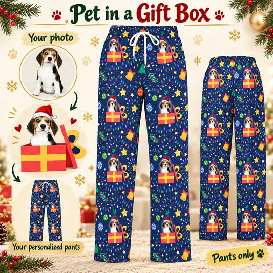in Gift Box Pajama Pants adult pajama pants: customization example showing the source pet photo and personalized garment.