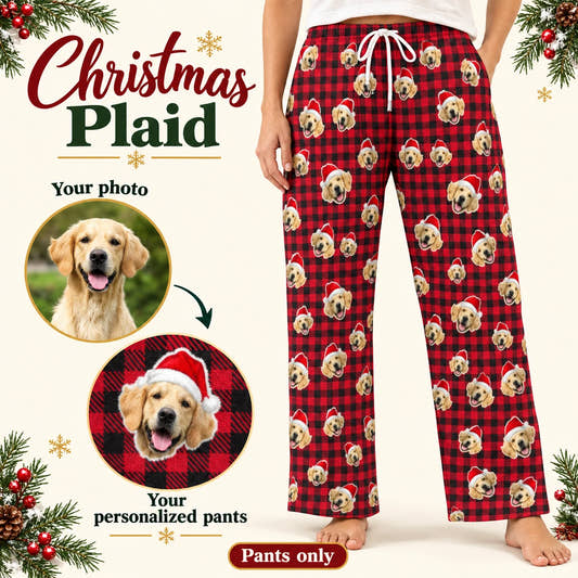 Plaid Christmas Pajama Pants adult pajama pants: customization example showing the source pet photo and personalized garment.
