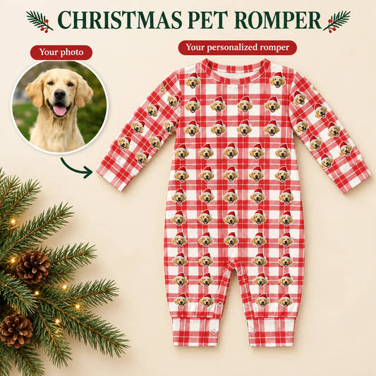 Light Plaid Pet Baby Onesie baby baby onesie: customization example showing the source pet photo and personalized garment.
