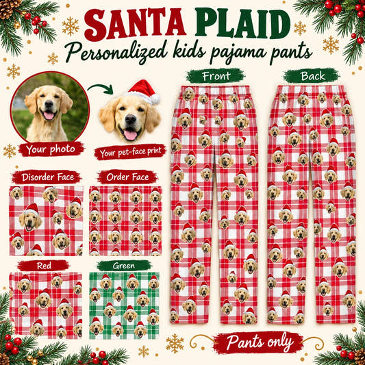 Plaid Santa Kids’ Pajama Pants children’s pajama pants: customization example showing the source pet photo and personalized garment.