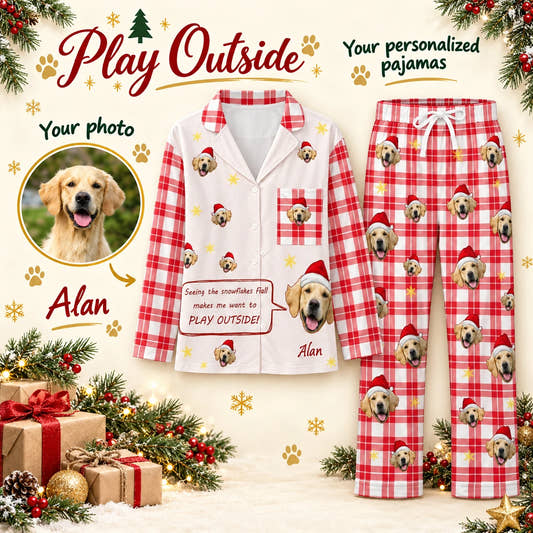 Play Outside Long Pajamas adult pajamas: customization example showing the source pet photo and personalized garment.