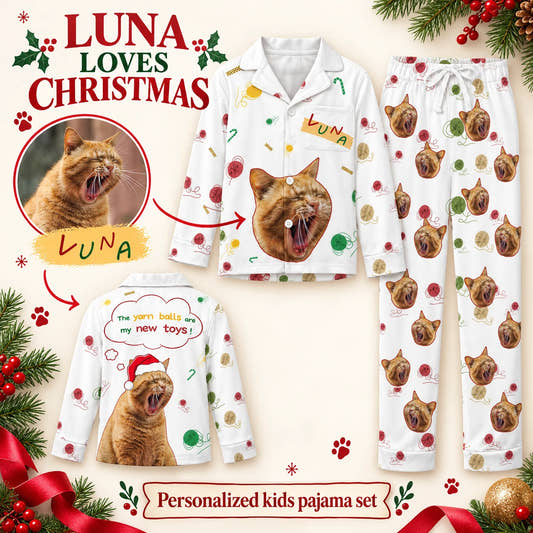Play Yarn Balls Kids Christmas Pajamas children’s pajamas: customization example showing the source pet photo and personalized garment.