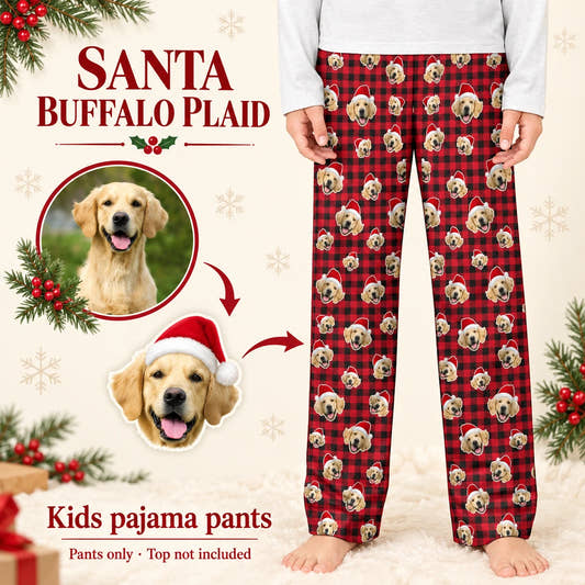 Red Plaid Santa Kids’ Pajama Pants children’s pajama pants: customization example showing the source pet photo and personalized garment.