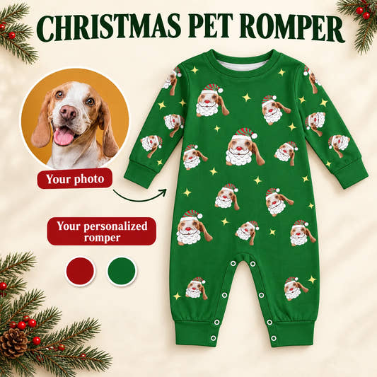 Santa Dog Baby Onesie baby baby onesie: customization example showing the source pet photo and personalized garment.
