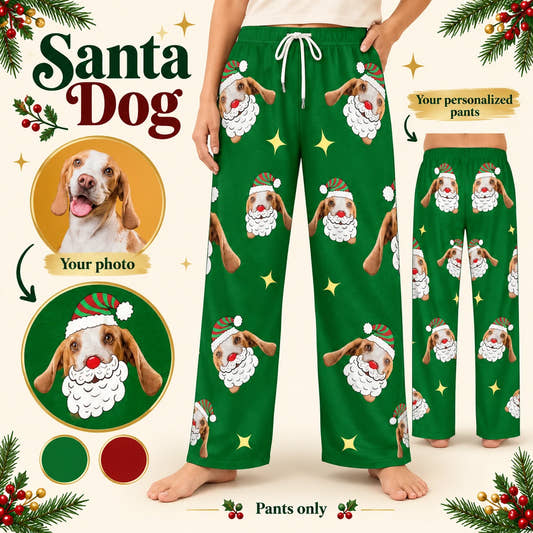 Santa Dog Pajama Pants adult pajama pants: customization example showing the source pet photo and personalized garment.