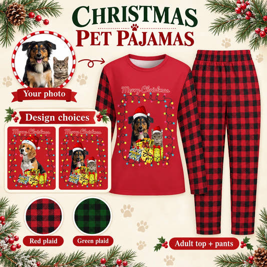 Santa Light Christmas Pajamas adult pajamas: customization example showing the source pet photo and personalized garment.