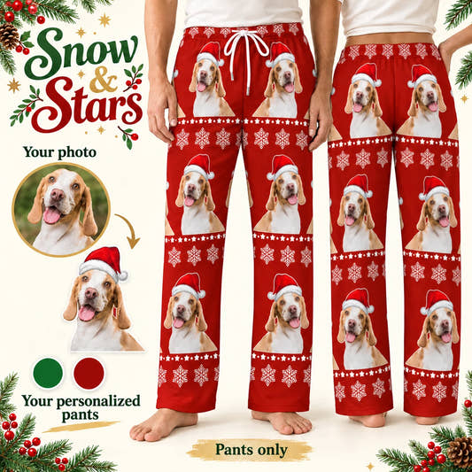 Snow and Stars Pajama Pants adult pajama pants: customization example showing the source pet photo and personalized garment.