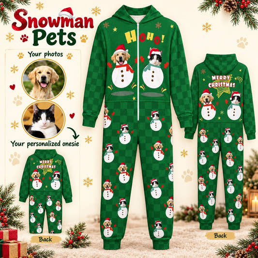 Snow Man Pet Kid's Onesies children’s kids’ onesie: customization example showing the source pet photo and personalized garment.