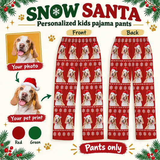 Snow Santa Kids’ Pajama Pants children’s pajama pants: customization example showing the source pet photo and personalized garment.