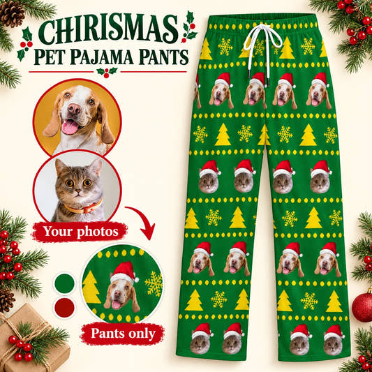 Snow and Trees Pajama Pants adult pajama pants: customization example showing the source pet photo and personalized garment.