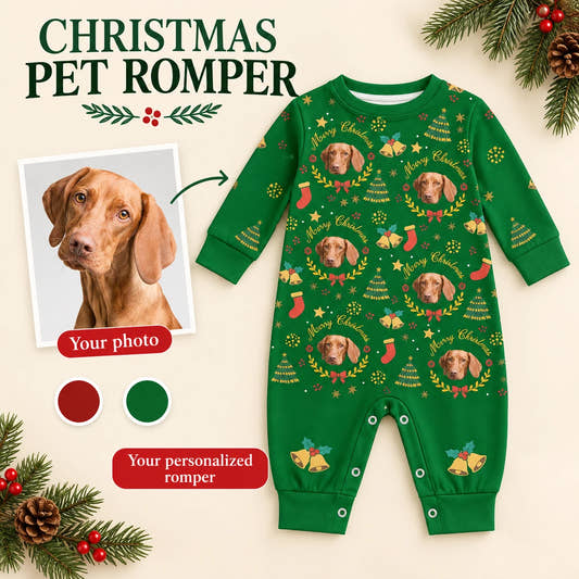 Wreath Christmas Baby Onesie baby baby onesie: customization example showing the source pet photo and personalized garment.