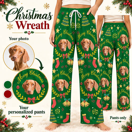 Wreath Christmas Pajama Pants adult pajama pants: customization example showing the source pet photo and personalized garment.