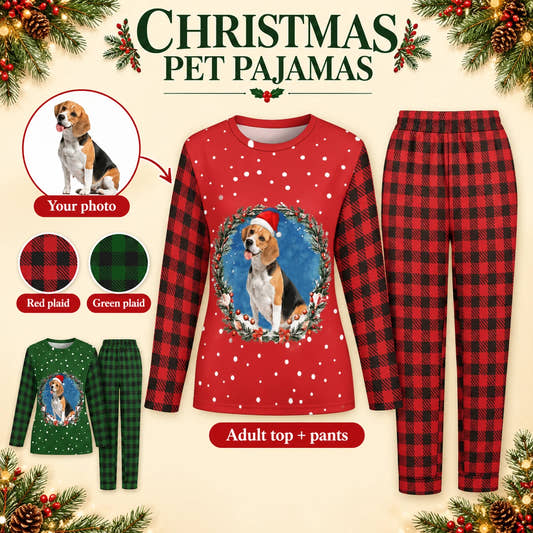 Wreath Christmas Pajama Set adult pajama set: customization example showing the source pet photo and personalized garment.