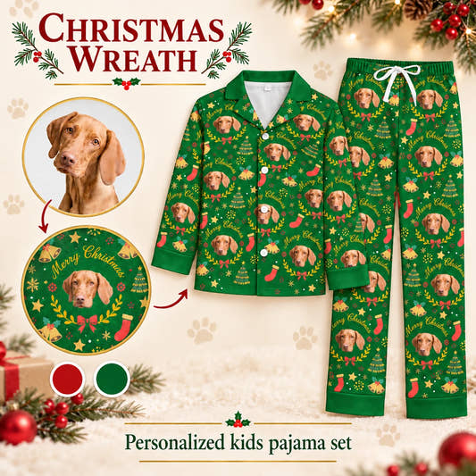 Wreath Kids Christmas Pajamas children’s pajamas: customization example showing the source pet photo and personalized garment.
