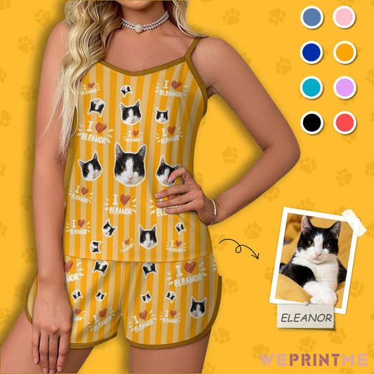 WePrintMeWomen Cami PajamasCustom Pet Face and Name Stripe Women's Satin Suspender Pajama Set