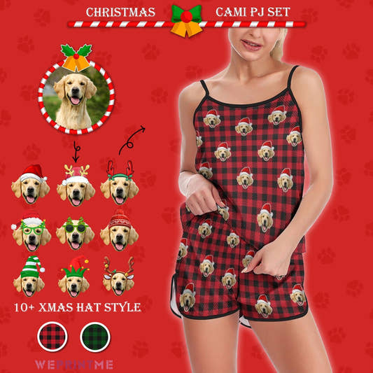WePrintMeWomen Cami PajamasCustom Pet Face Pajama Set Santa Red Plaid Women's Cami Pajama Set