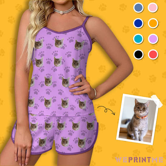 WePrintMeWomen Cami PajamasCustom Pet Face Paws Women's Satin Suspender Pajama Set
