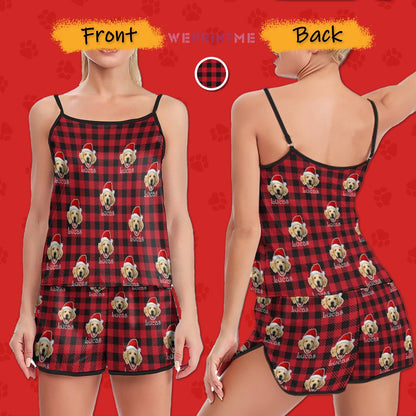 WEPRINTMEWomen Cami PajamasCustom Pet Face&Name Santa Hat Red Plaid Women's Cami Pajama Set