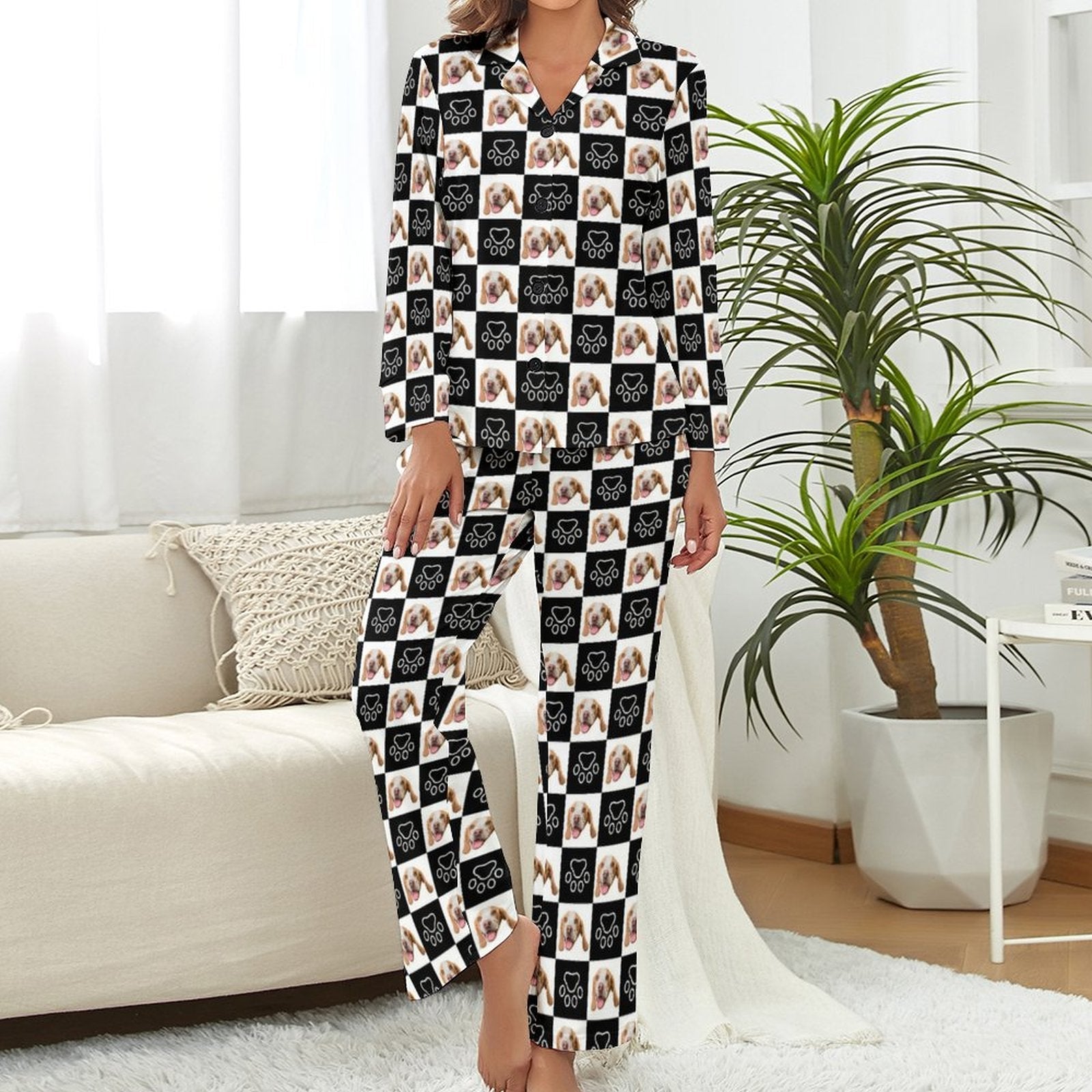 WEPRINTMEWomen Long Sleeve PajamasPersonalized Pet Pajamas Black And White Women's Long Sleeve Pajama Set