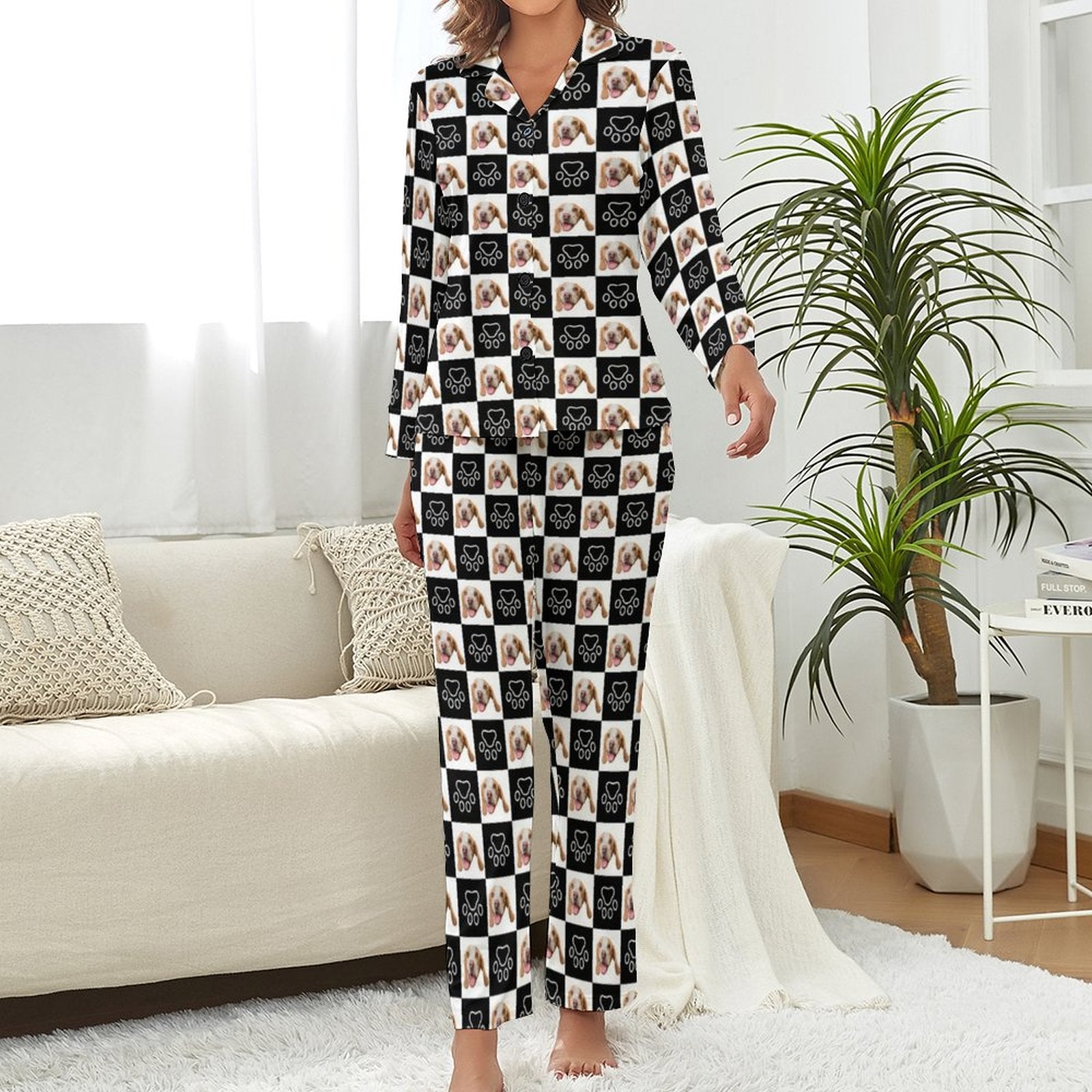 WEPRINTMEWomen Long Sleeve PajamasPersonalized Pet Pajamas Black And White Women's Long Sleeve Pajama Set