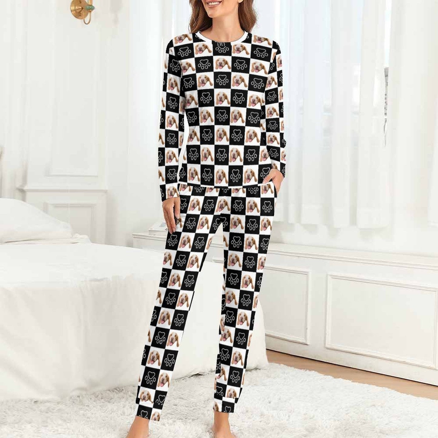 WEPRINTMEWomen Long Sleeve PajamasPersonalized Pet Pajamas Black and White Women's Long Sleeve Pajamas