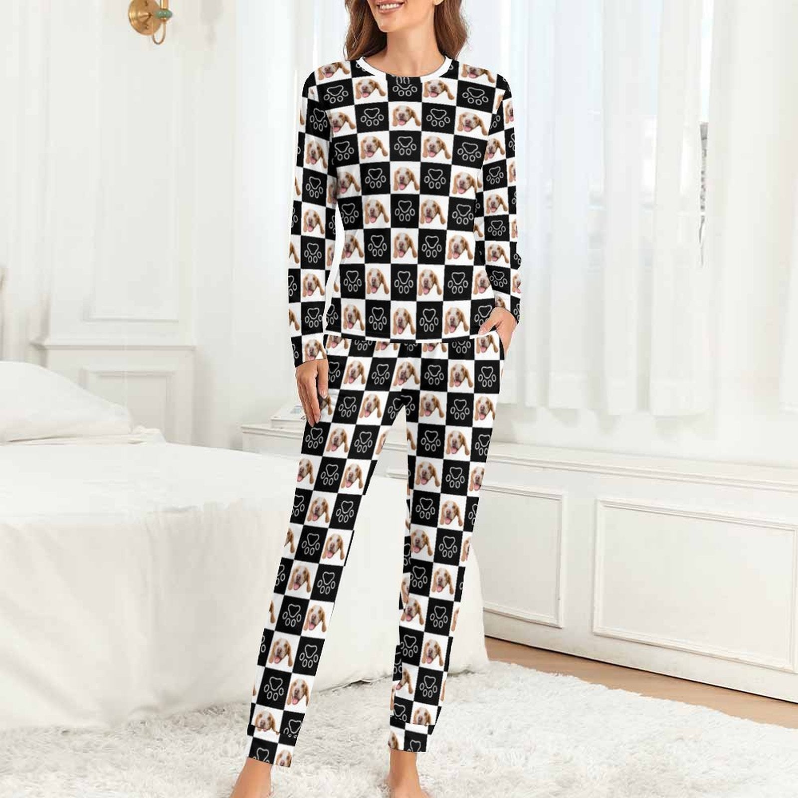WEPRINTMEWomen Long Sleeve PajamasPersonalized Pet Pajamas Black and White Women's Long Sleeve Pajamas